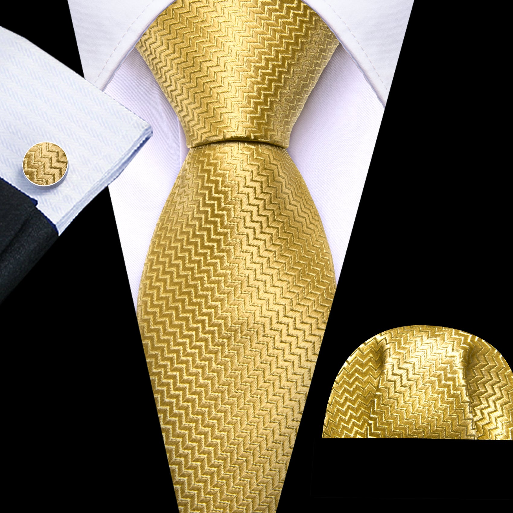 Men's Jasmine Ripple Silk 63 Inches Extra Long Tie Hanky Cufflinks Set