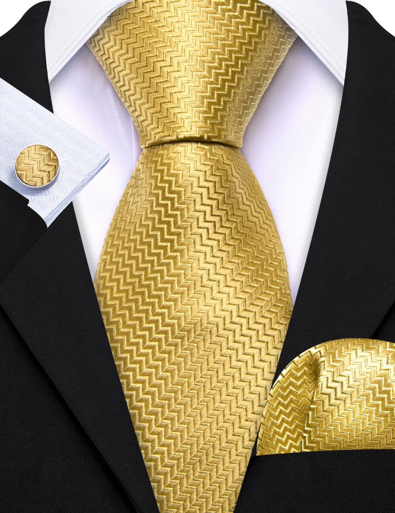 Men's Jasmine Ripple Silk 63 Inches Extra Long Tie Hanky Cufflinks Set