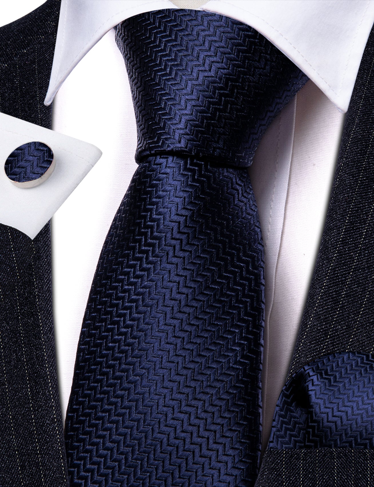 Deep Blue Silk 63 Inches Extra Long Tie Pocket Square Cufflinks Set