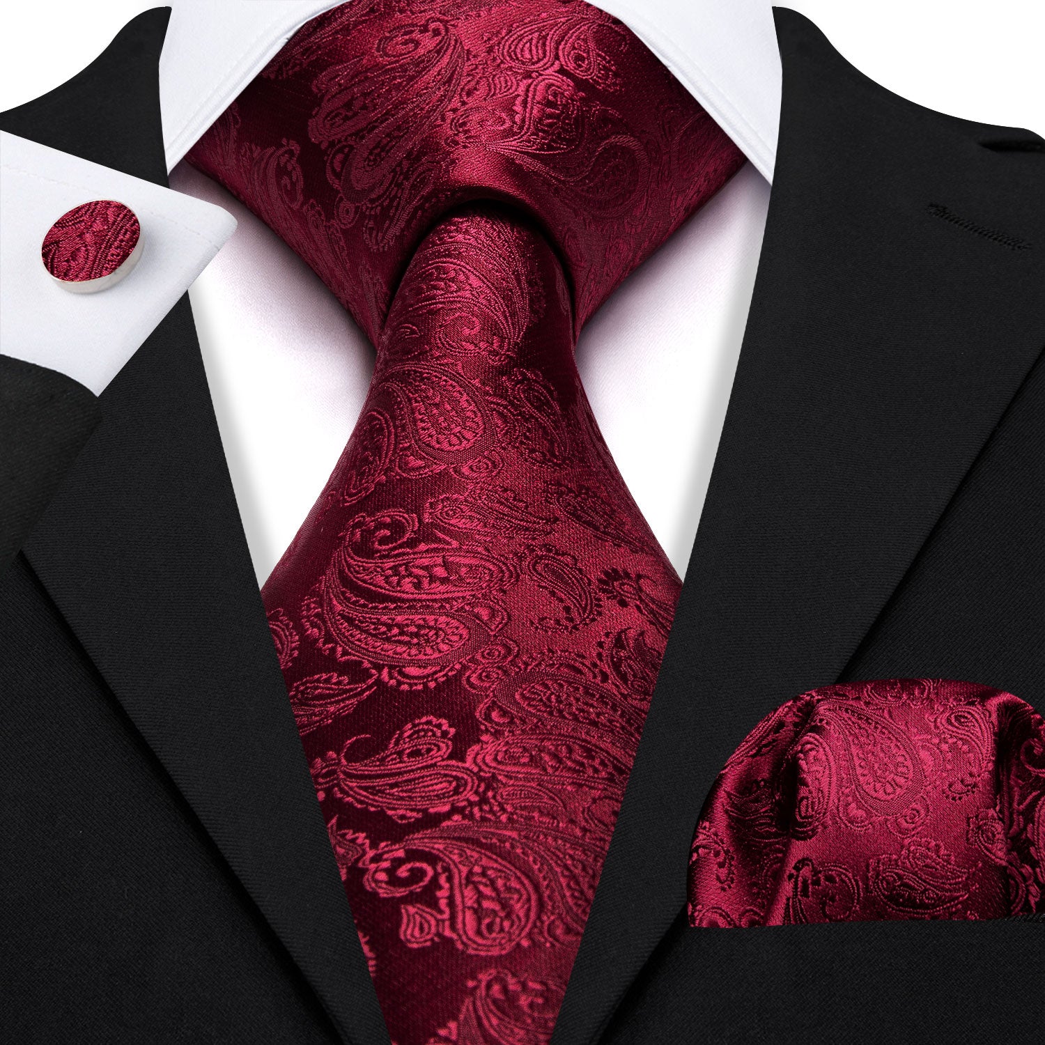 Red Paisley Silk 63 Inches Extra Long Tie Pocket Square Cufflinks Set