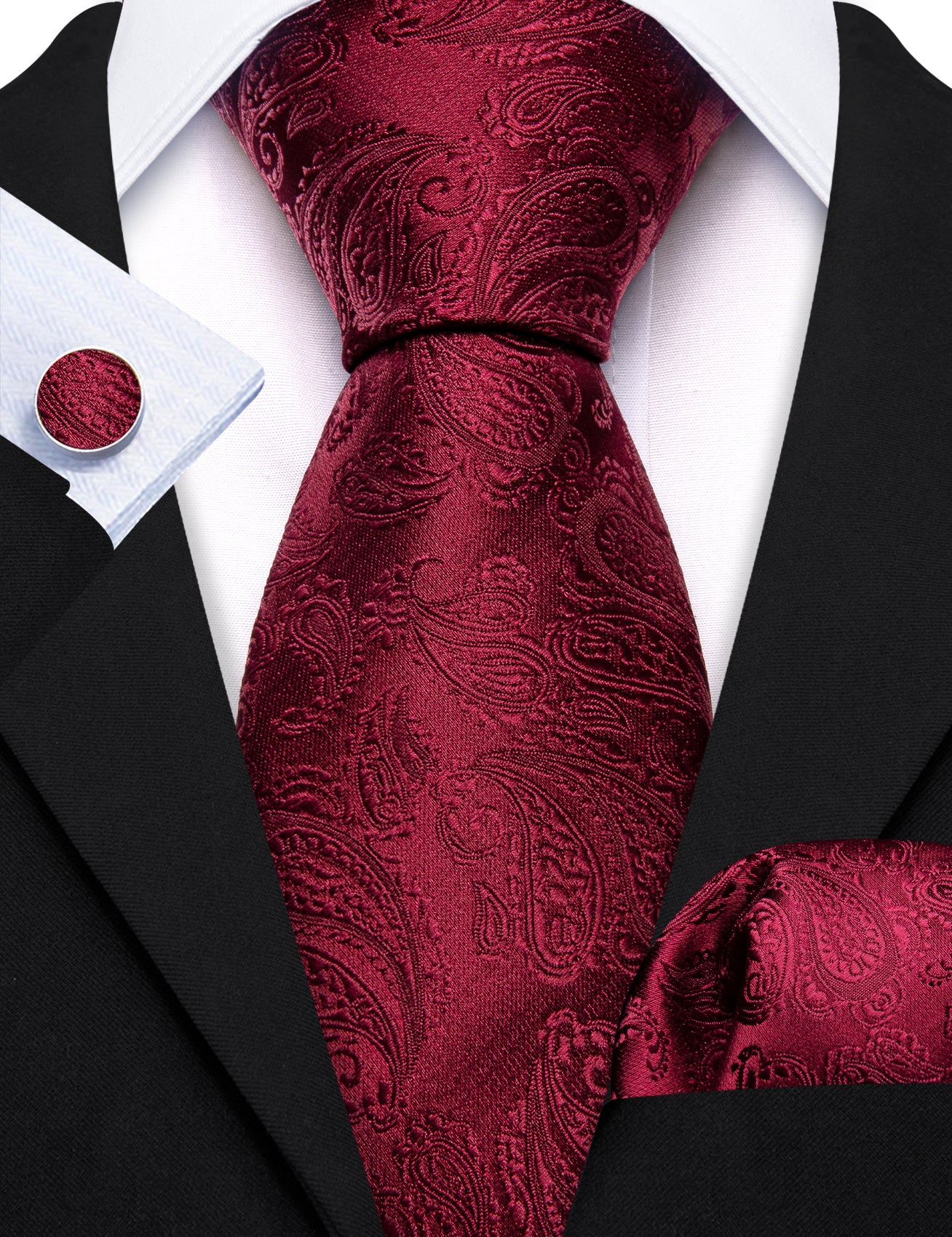 Red Paisley Silk 63 Inches Extra Long Tie Pocket Square Cufflinks Set