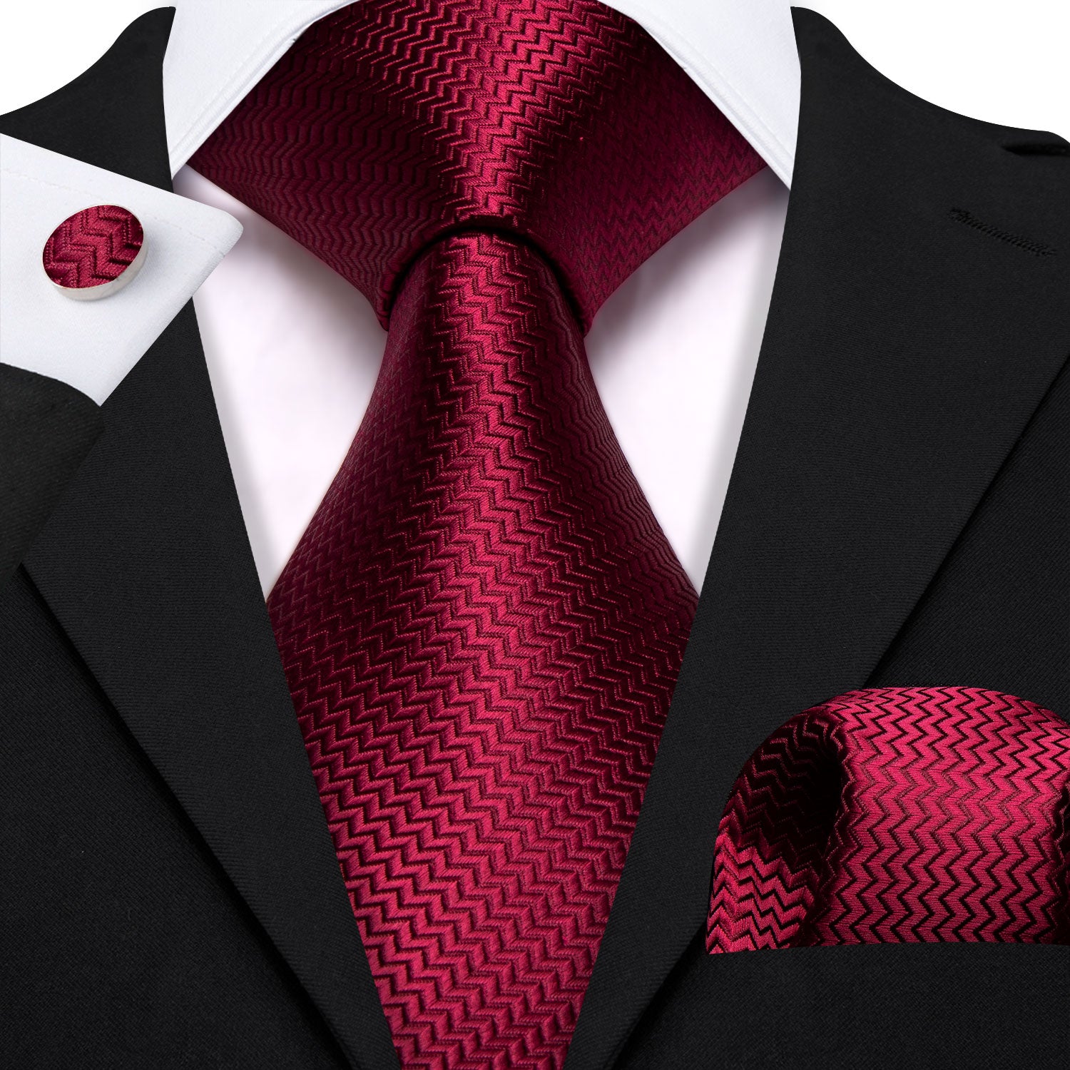 Burgundy Red Silk 63 Inches Extra Long Tie Pocket Square Cufflinks Set