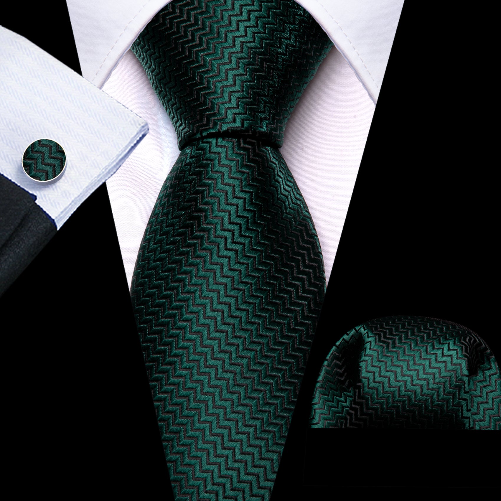  Dark Green Silk 63 Inches XL Tie Pocket Square Cufflinks Set