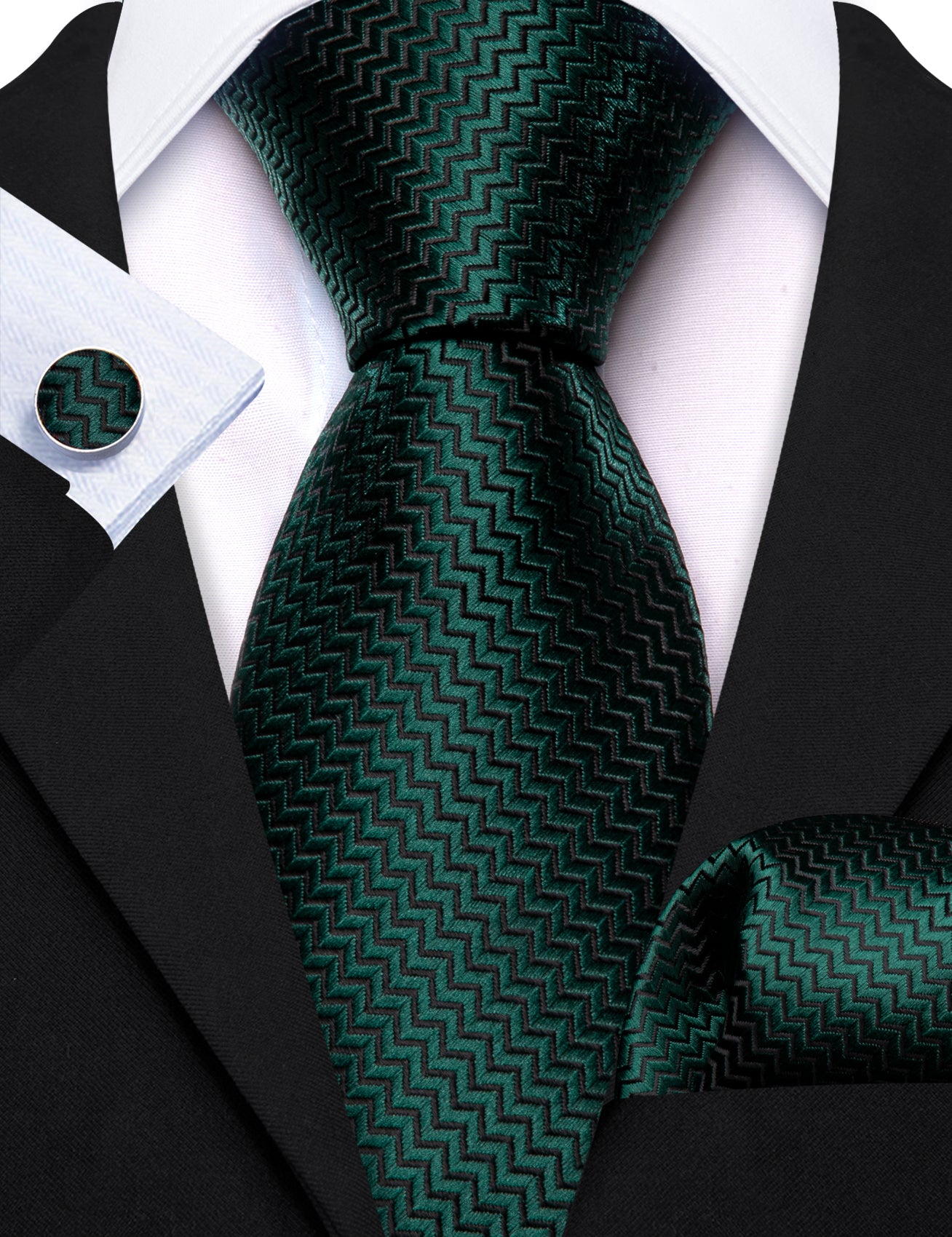 Barry Wang Dark Green Silk 63 Inches Extra Long Tie Pocket Square Cufflinks Set