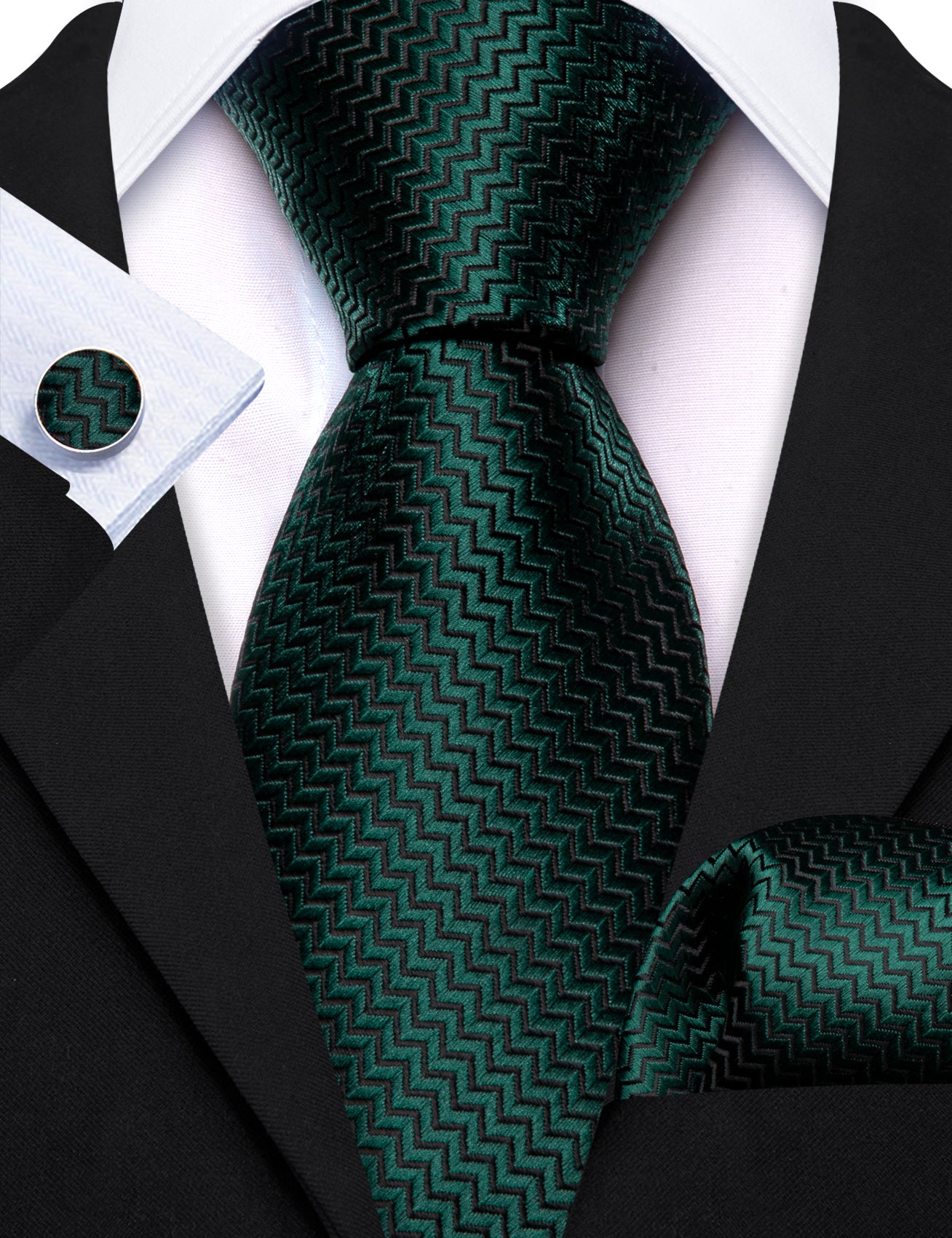 Green Silk 63 Inches Extra Long Tie Pocket Square Cufflinks Set