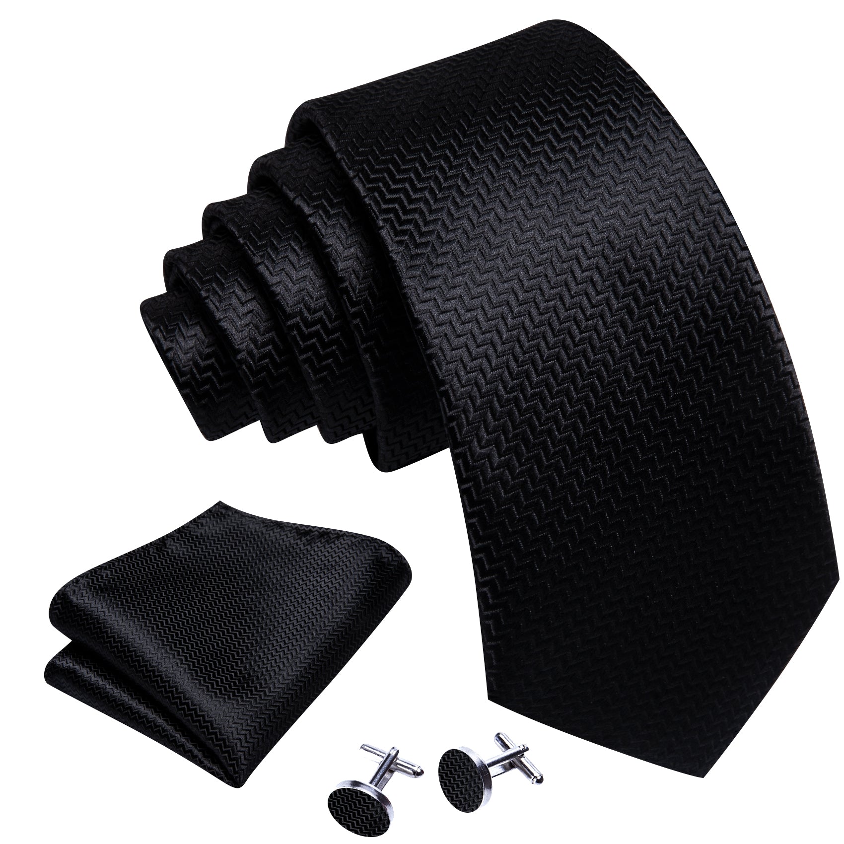 Barry.wang Extra Long Tie Black Solid Silk 63 Inches Men's Tie Pocket Square Cufflinks Set