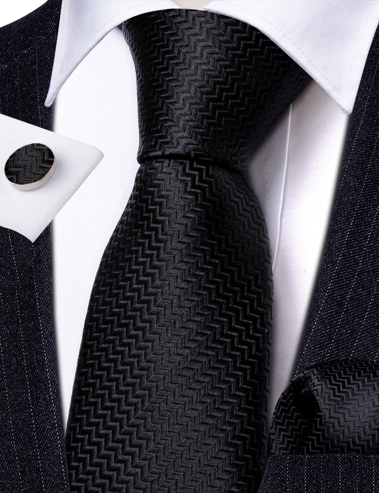 Black Silk 63 Inches Extra Long Tie Pocket Square Cufflinks Set