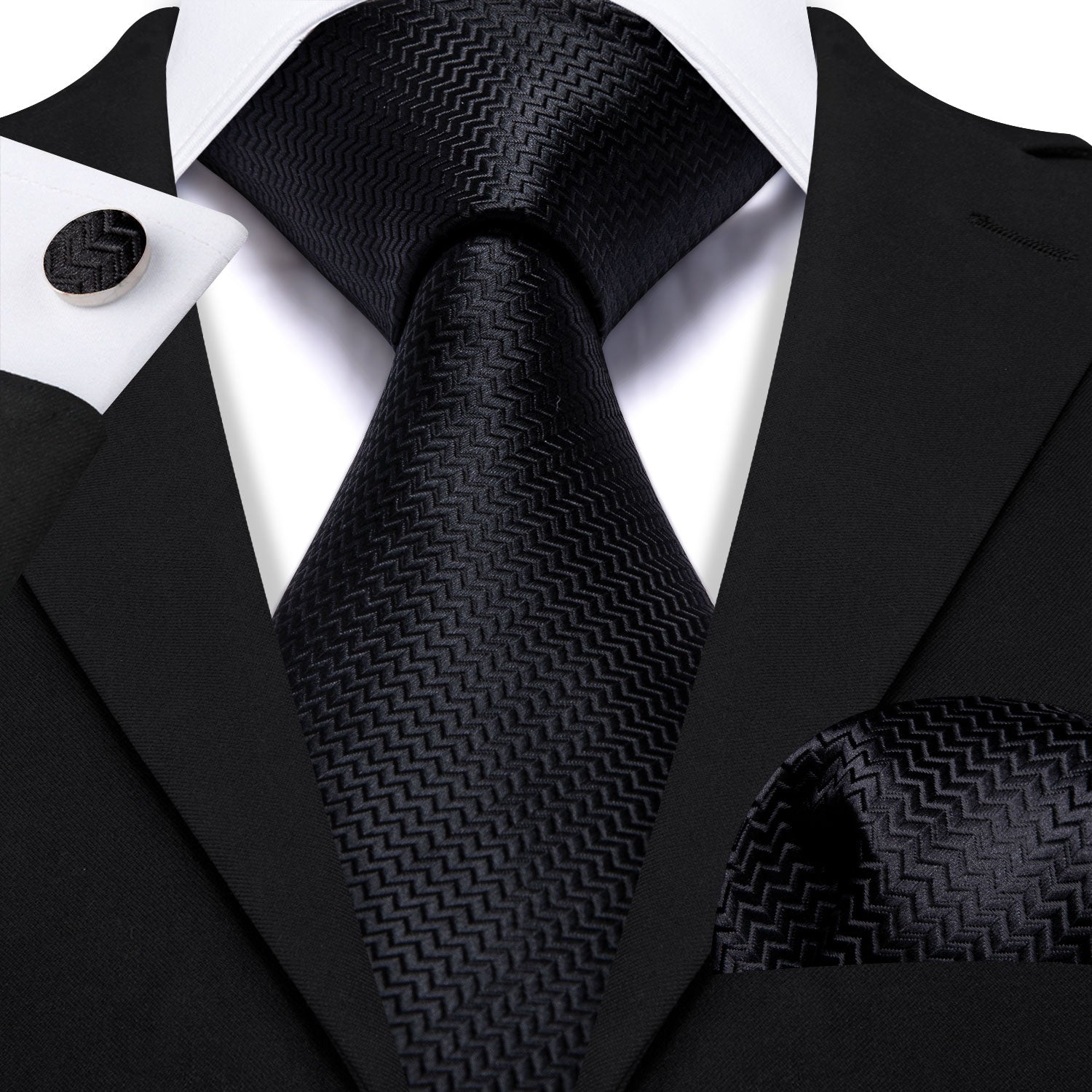 Black Silk 63 Inches Extra Long Tie Pocket Square Cufflinks Set