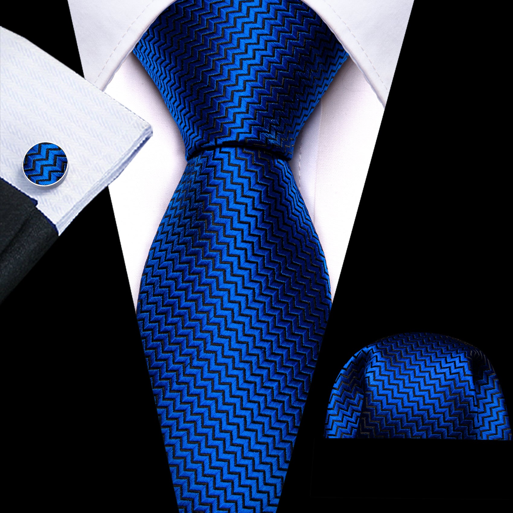  Cobalt Blue Silk Tie Pocket Square Cufflinks