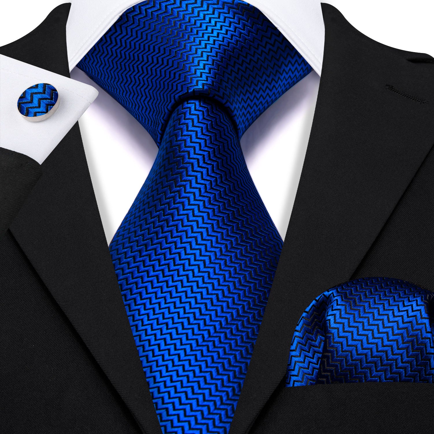 Cobalt Blue Silk 63 Inches Extra Long Tie Pocket Square Cufflinks Set