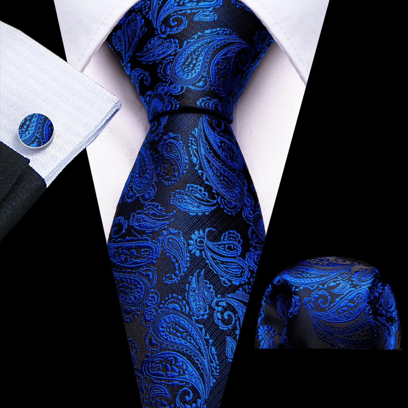 Blue Black Paisley Silk 63 Inches Extra Long Tie Pocket Square Cufflinks Set