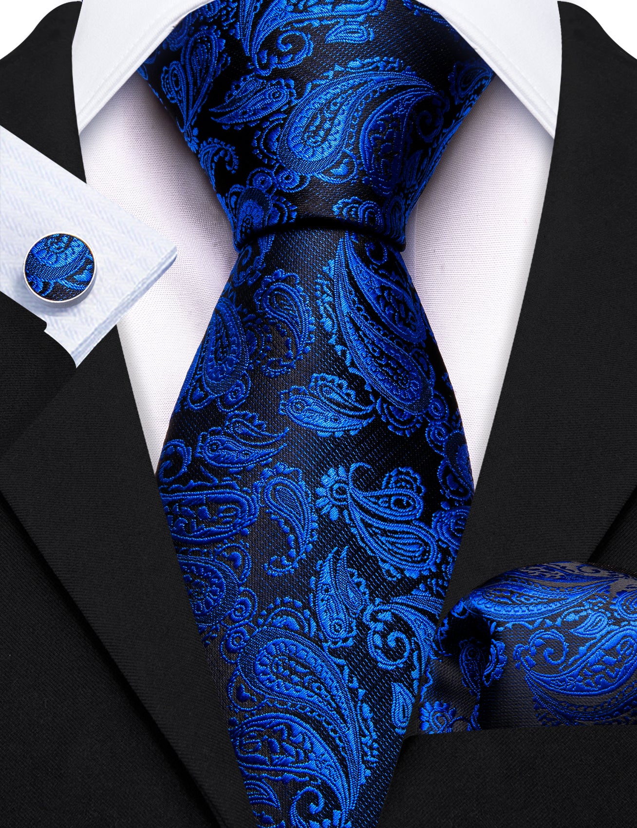 Blue Black Paisley Silk 63 Inches Extra Long Tie Pocket Square Cufflinks Set