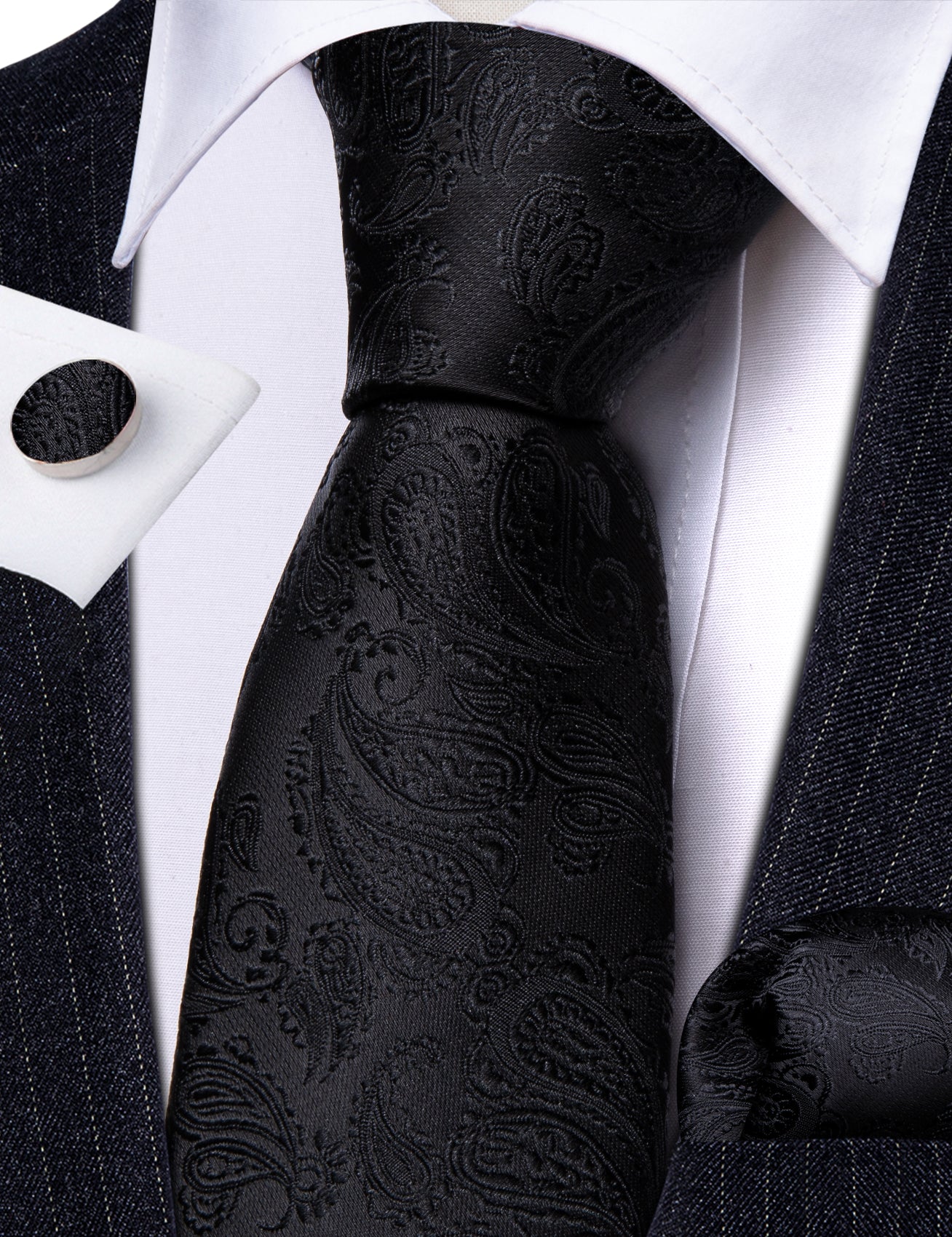 Black Paisley Silk 63 Inches Extra Long Tie Pocket Square Cufflinks Set