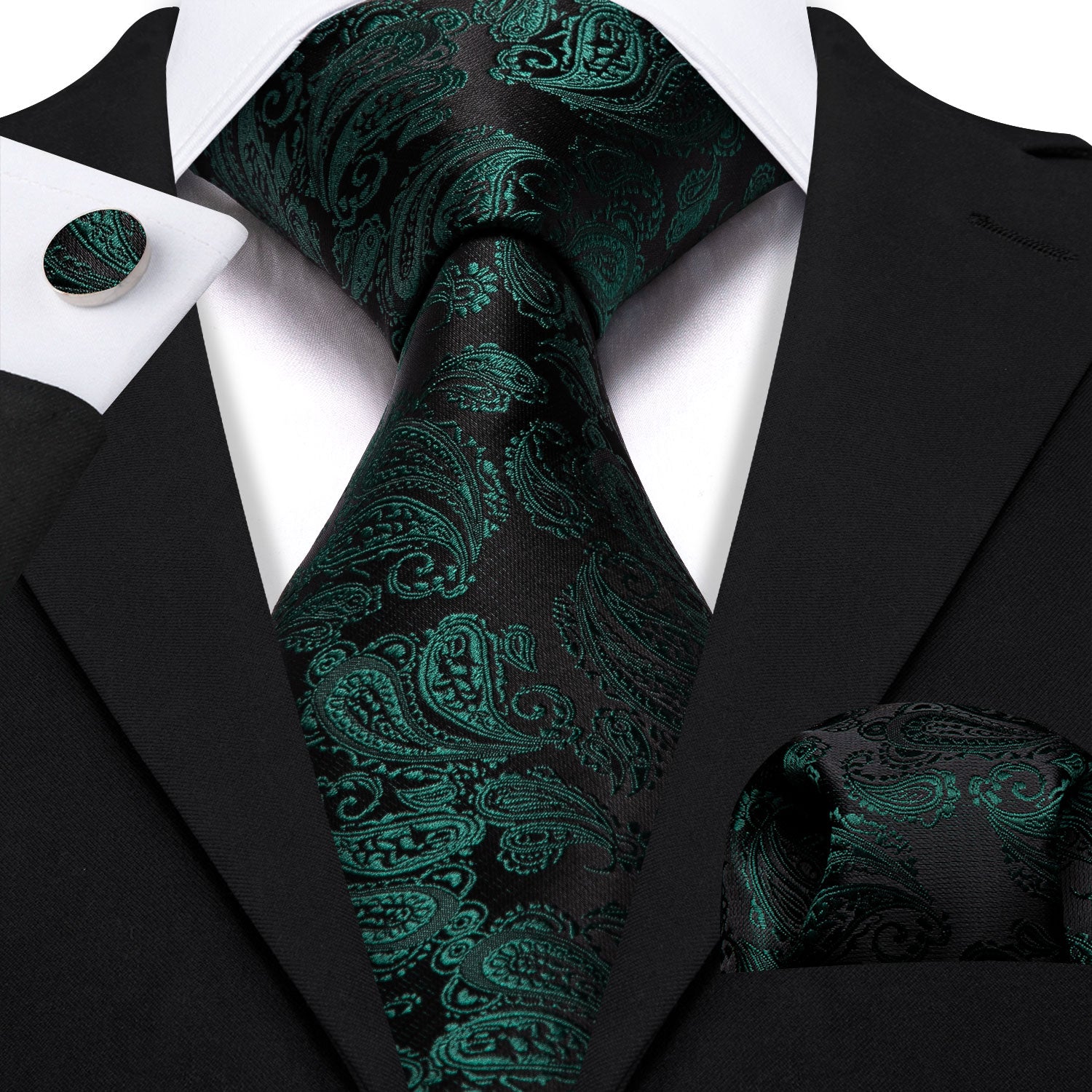  Green Black Tie Paisley Silk 63 Inches Extra Long Tie Set