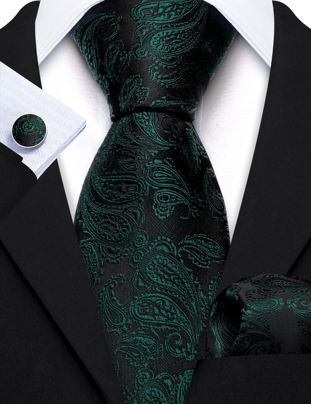 Green Black Paisley Silk 63 Inches Extra Long Tie Pocket Square Cufflinks Set