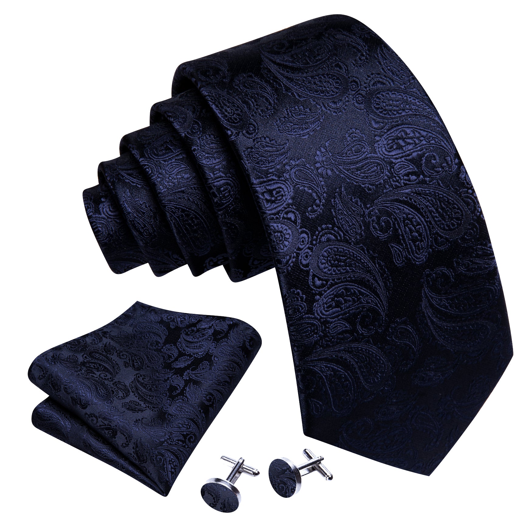 Salvia Blue Paisley Silk 63 Inches Extra Long Tie Pocket Square Cufflinks Set