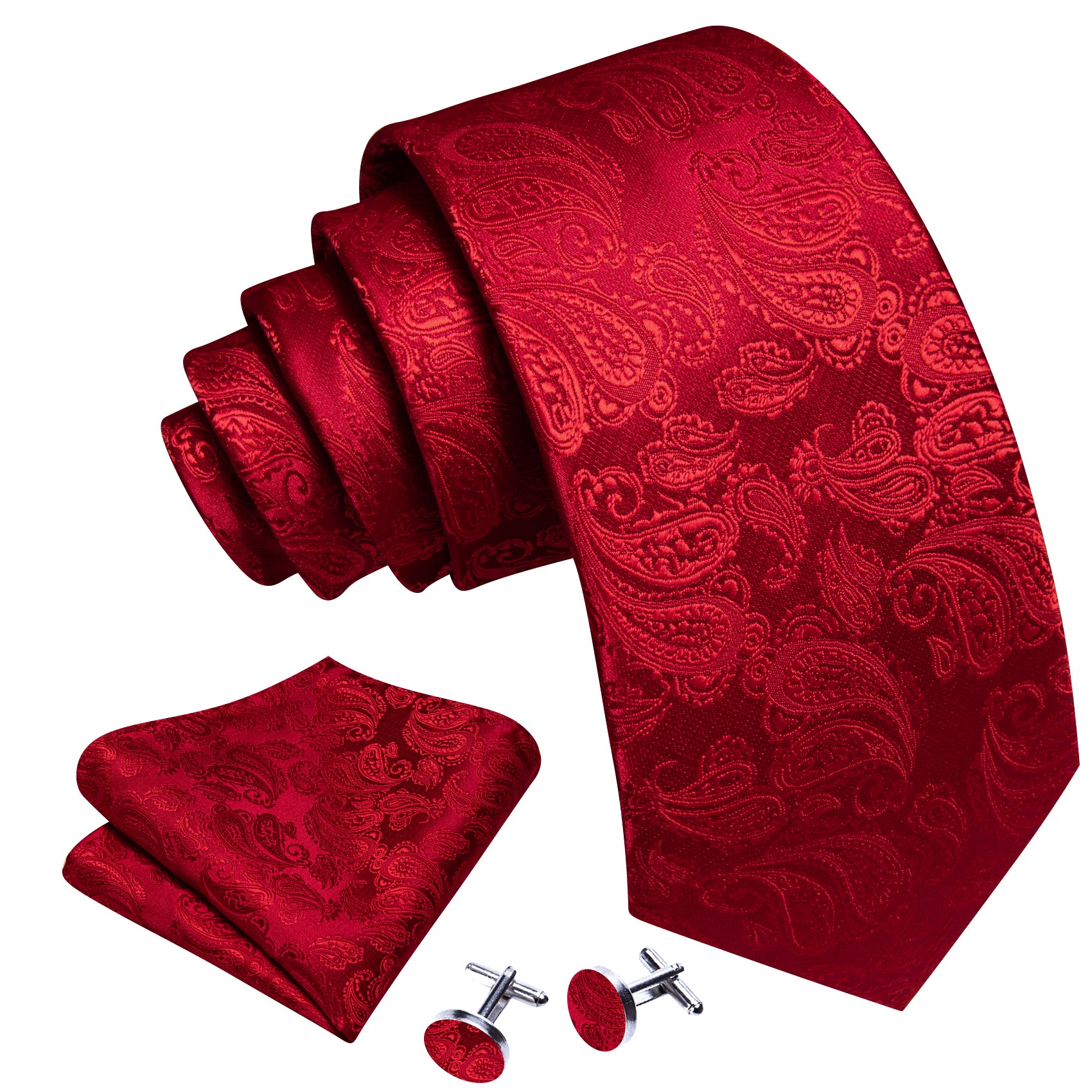 Red Paisley Silk 63 Inches Extra Long Tie Hanky Cufflinks Set