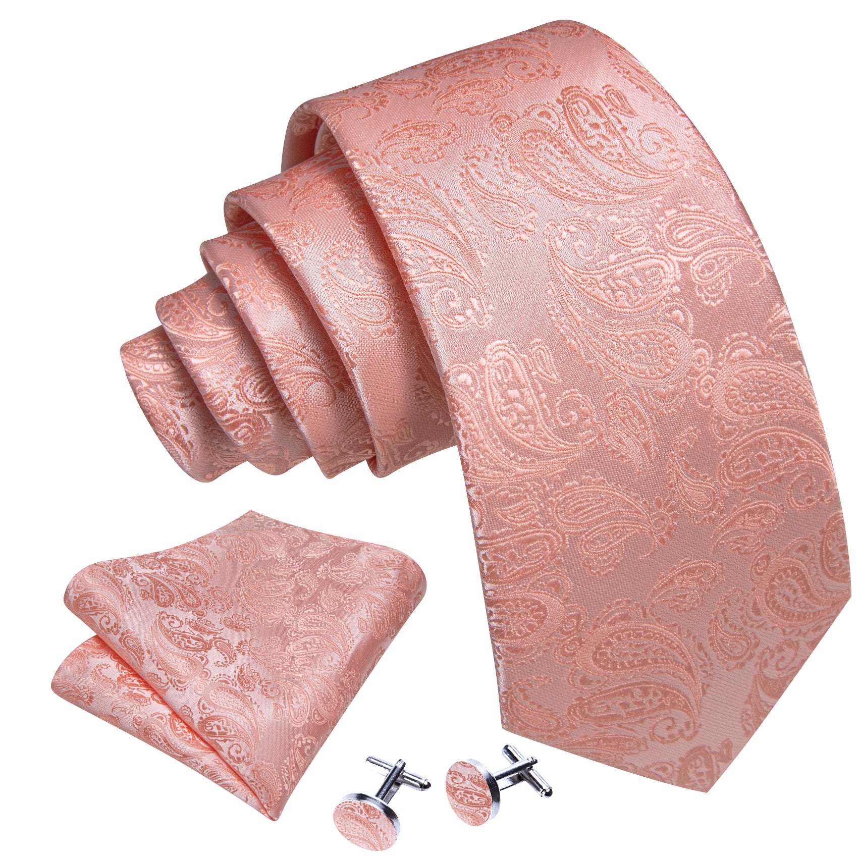 Misty Rose Paisley Silk 63 Inches Extra Long Tie Hanky Cufflinks Set