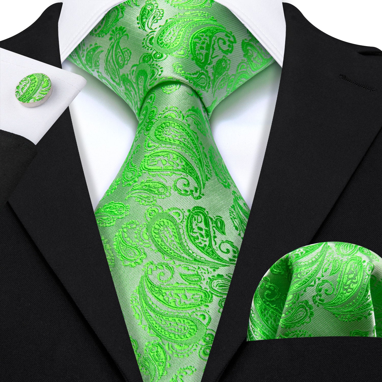 Green Paisley Silk 63 Inches Extra Long Tie Hanky Cufflinks Set