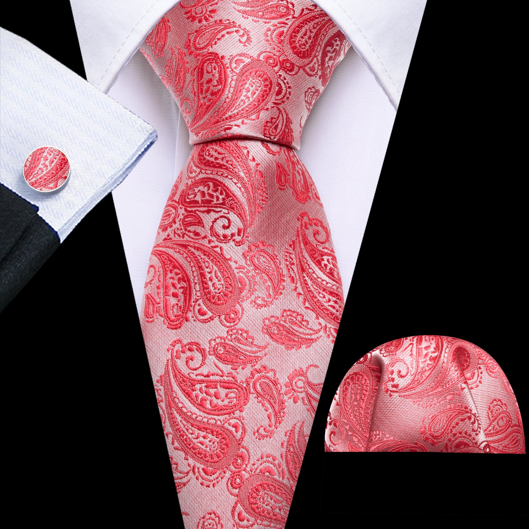 Indian Red Paisley Silk 63 Inches Extra Long Tie Hanky Cufflinks Set