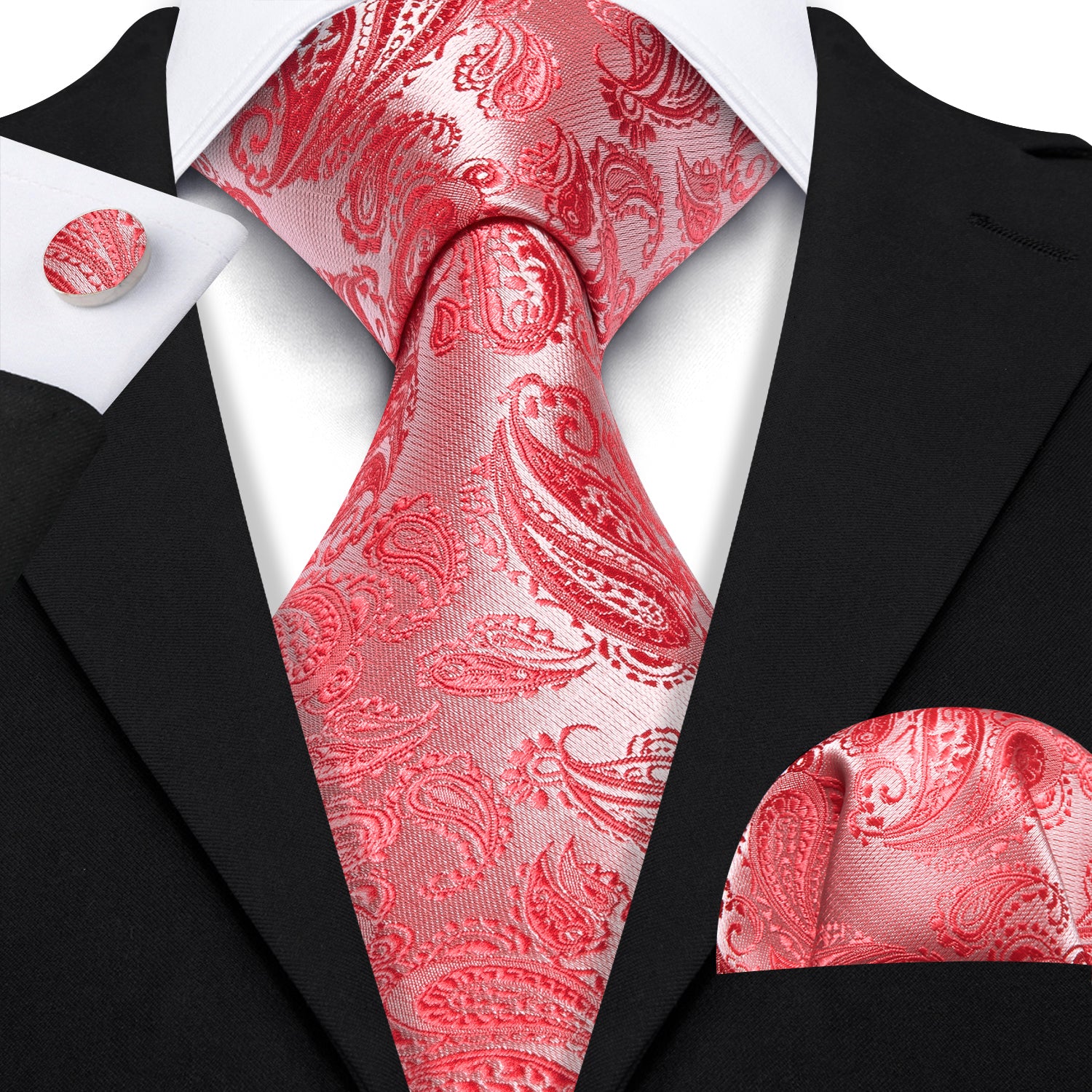 Indian Red Paisley Silk 63 Inches Extra Long Tie Hanky Cufflinks Set