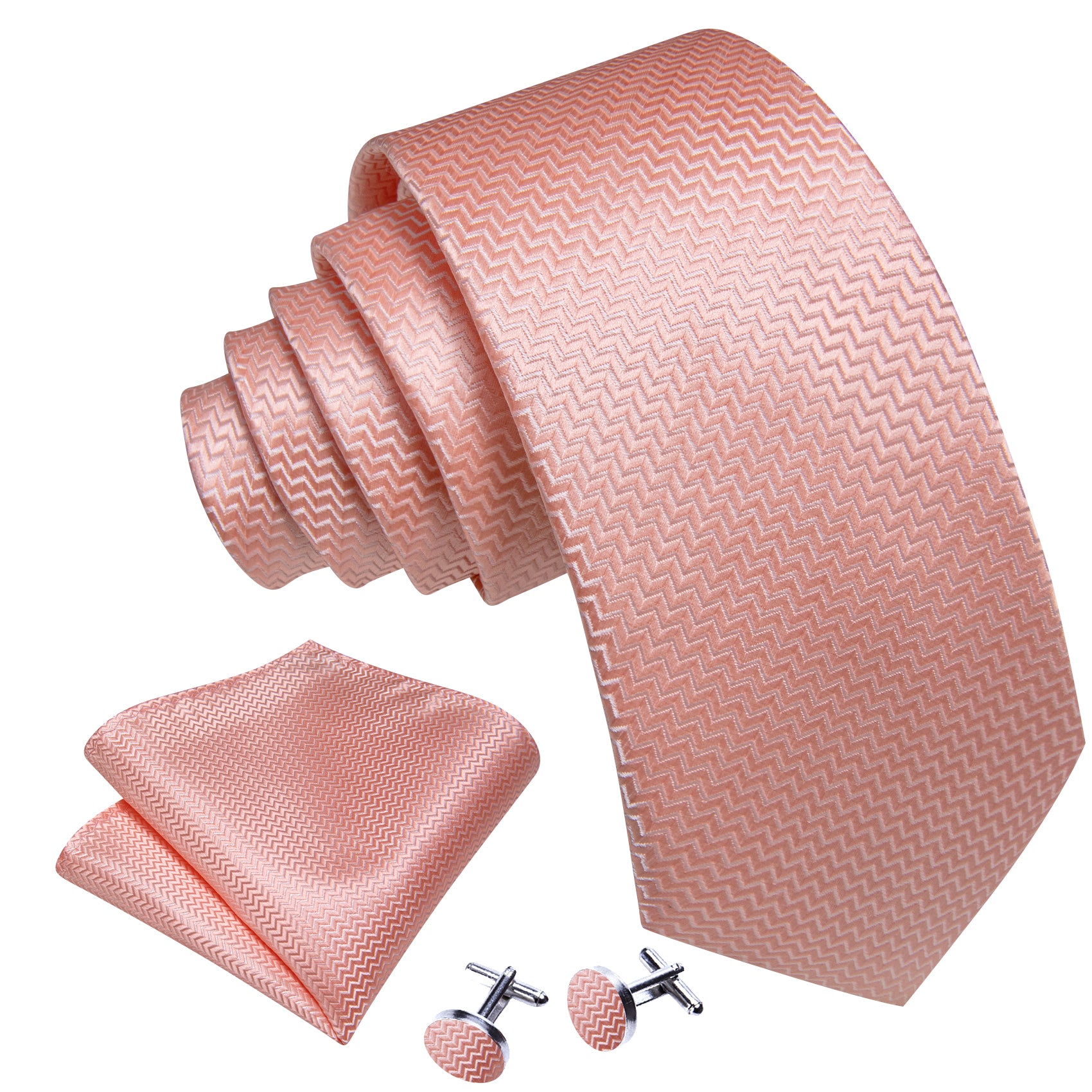 Pink Curve Silk 63 Inches Extra Long Tie Hanky Cufflinks Set