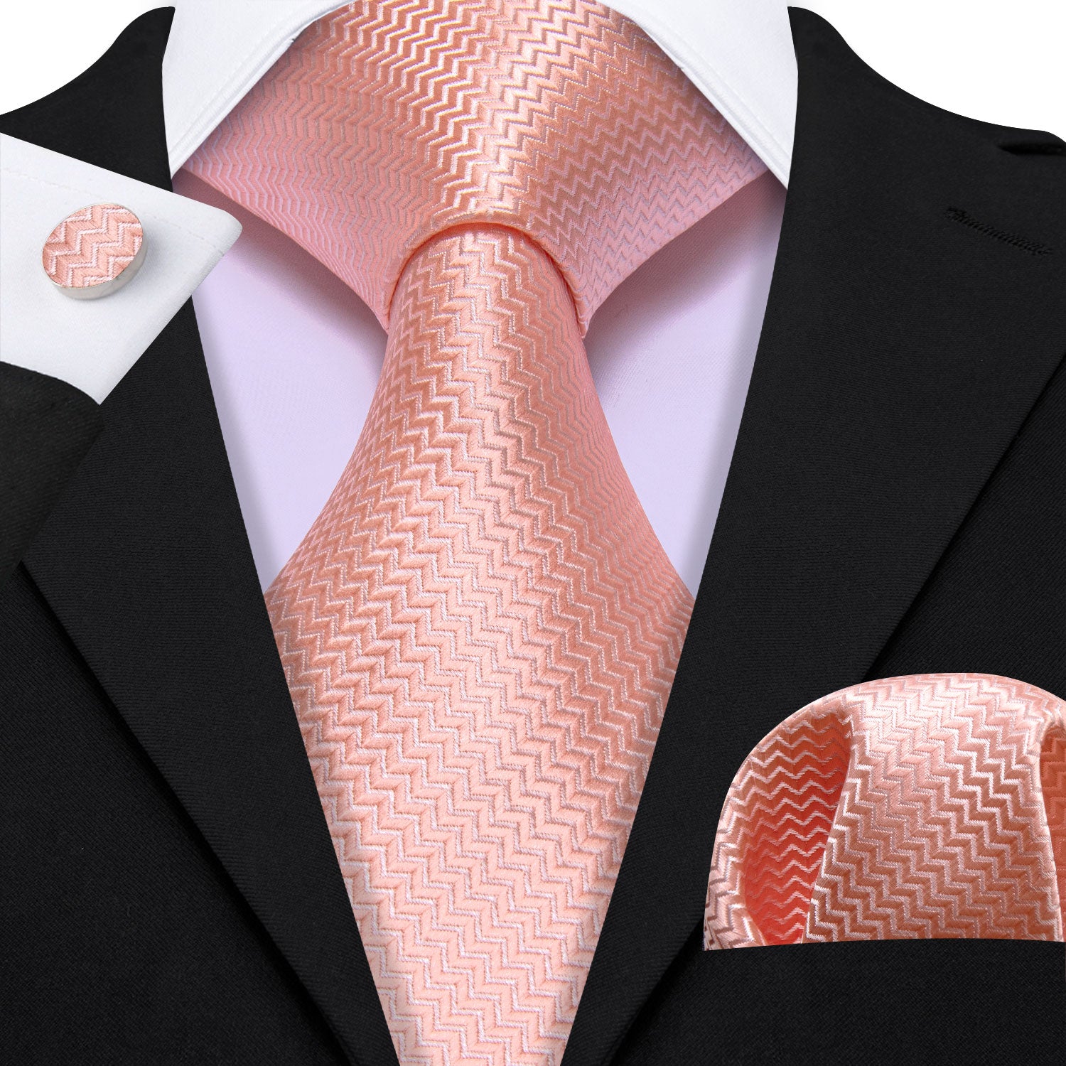 Pink Curve Silk 63 Inches Extra Long Tie Hanky Cufflinks Set