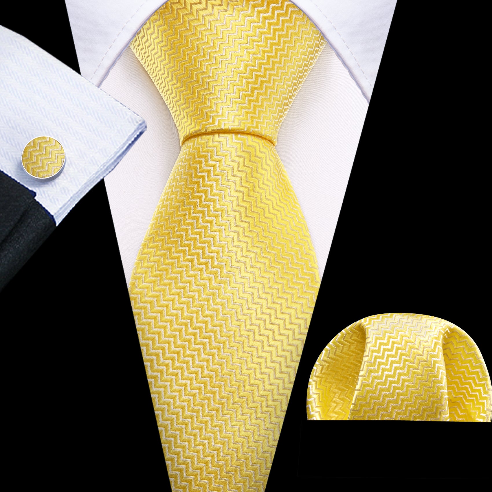 Yellow Curve Silk 63 Inches Extra Long Tie Hanky Cufflinks Set
