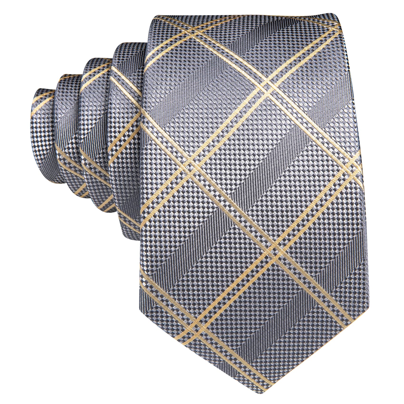  Mens Grey Plaid Tie Beige Checkered Necktie Set