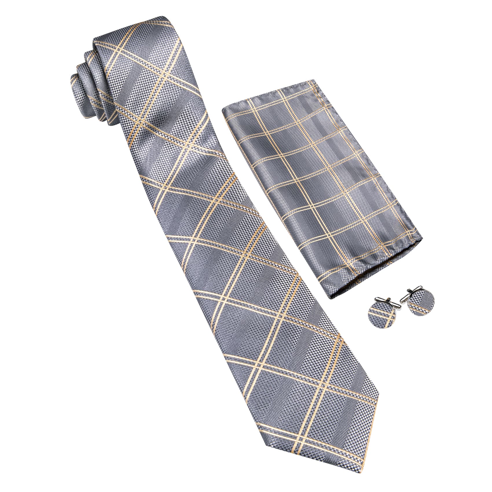  Mens Grey Plaid Tie Beige Checkered Necktie Set