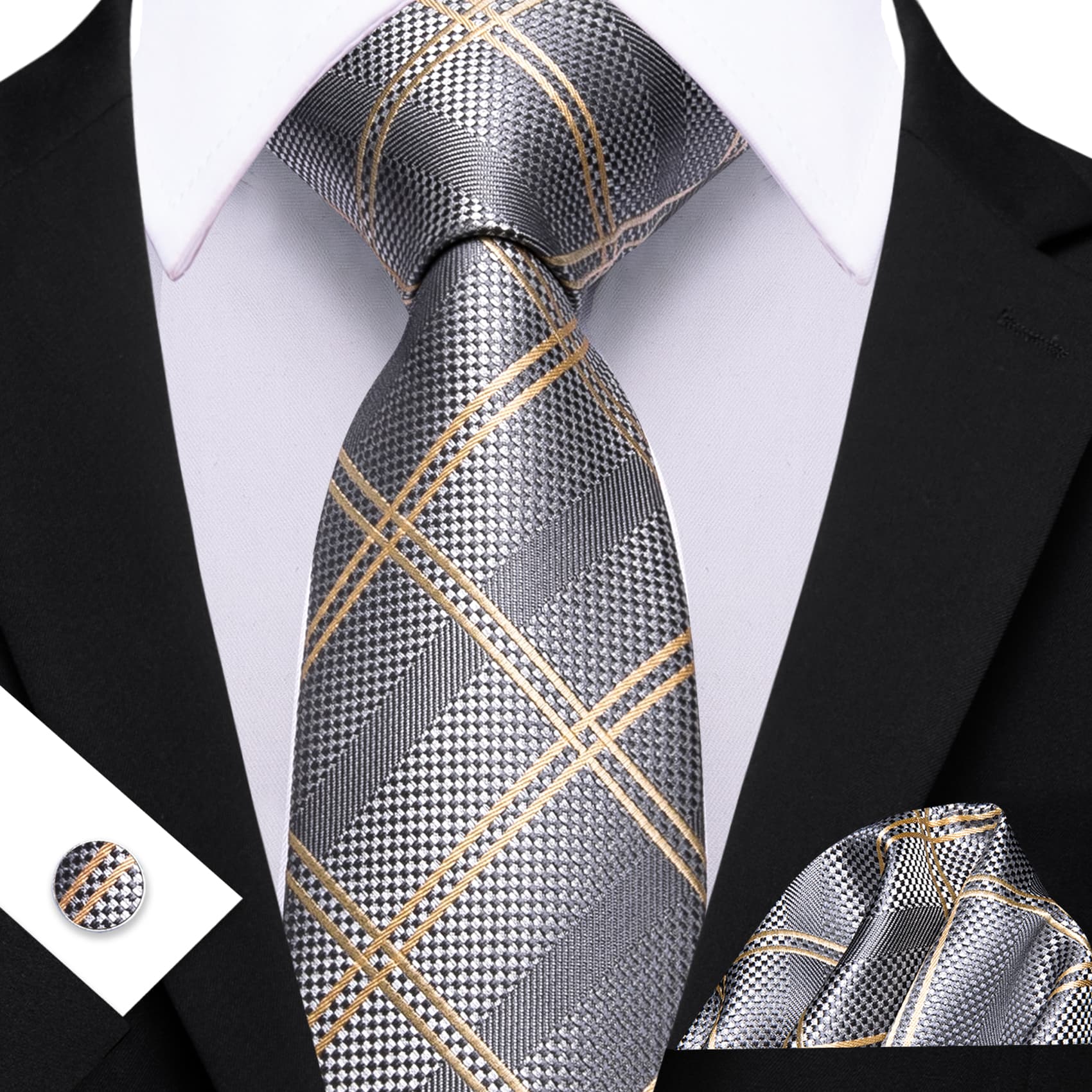  Mens Grey Plaid Tie Beige Checkered Necktie Set