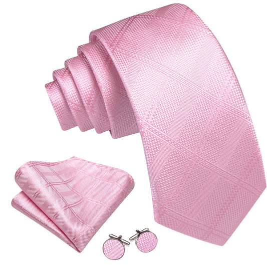  Pink Tie Mens Solid Checkered Necktie Set