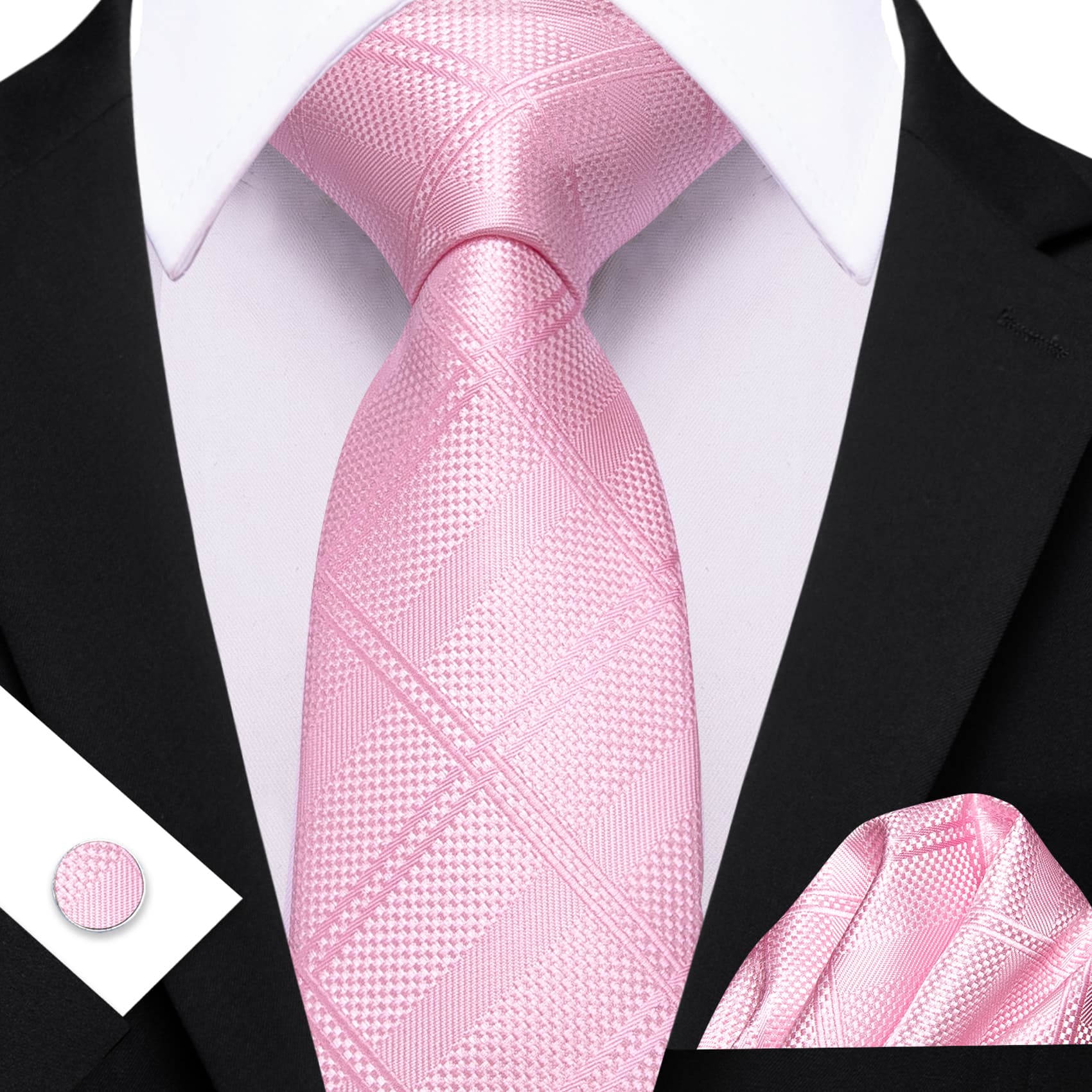  Pink Tie Mens Solid Checkered Necktie Set