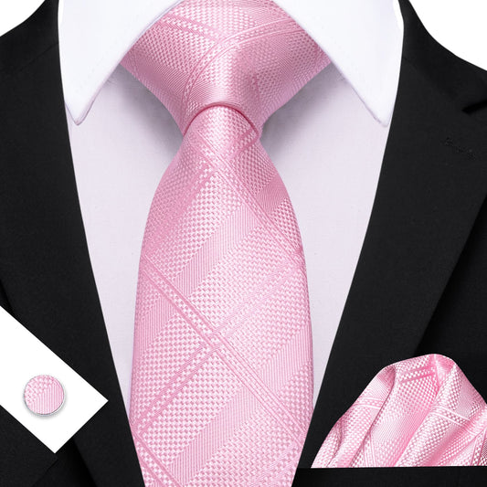  Pink Tie Mens Solid Checkered Necktie Set