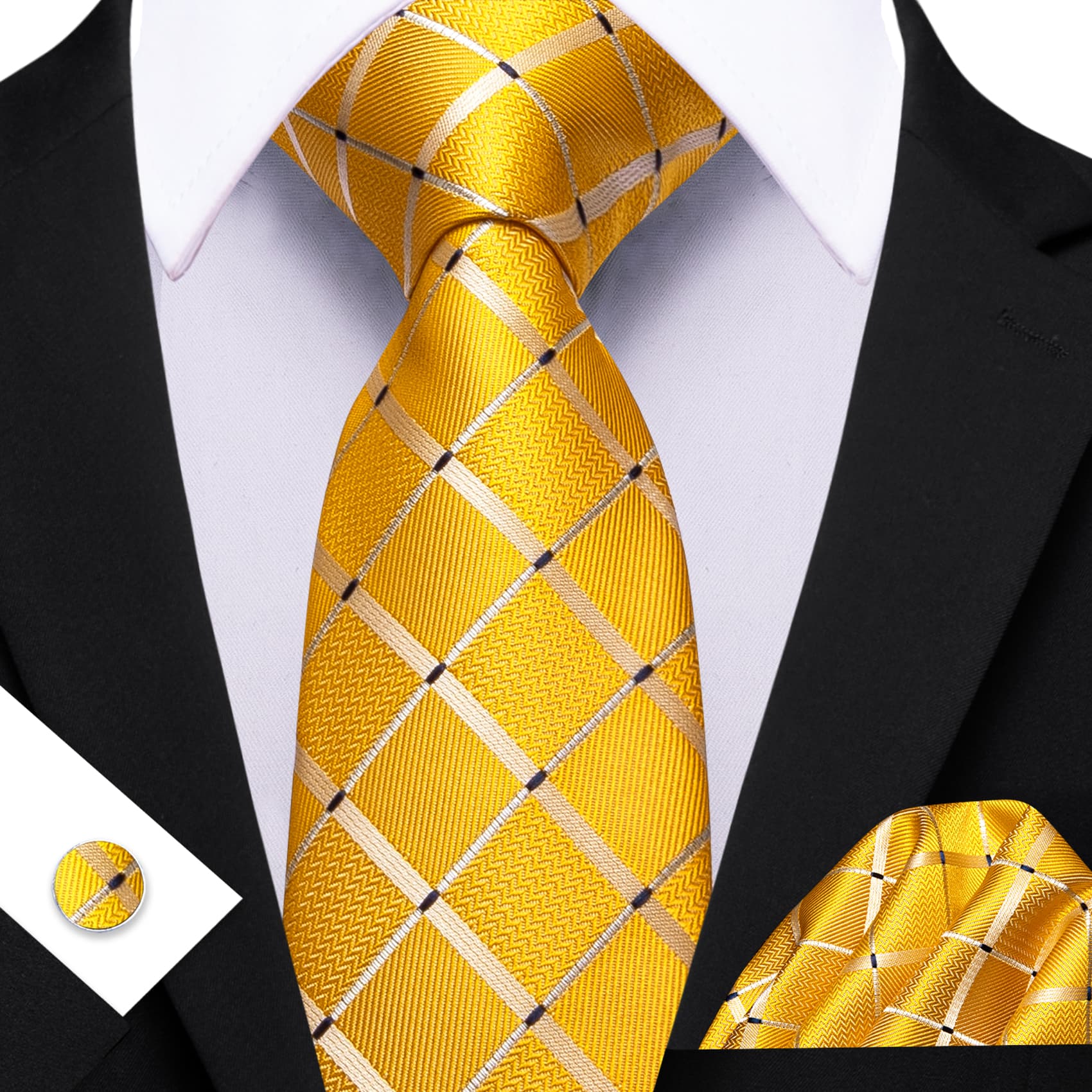  Yellow Tie Mens Beige Stripes Checkered Necktie Set