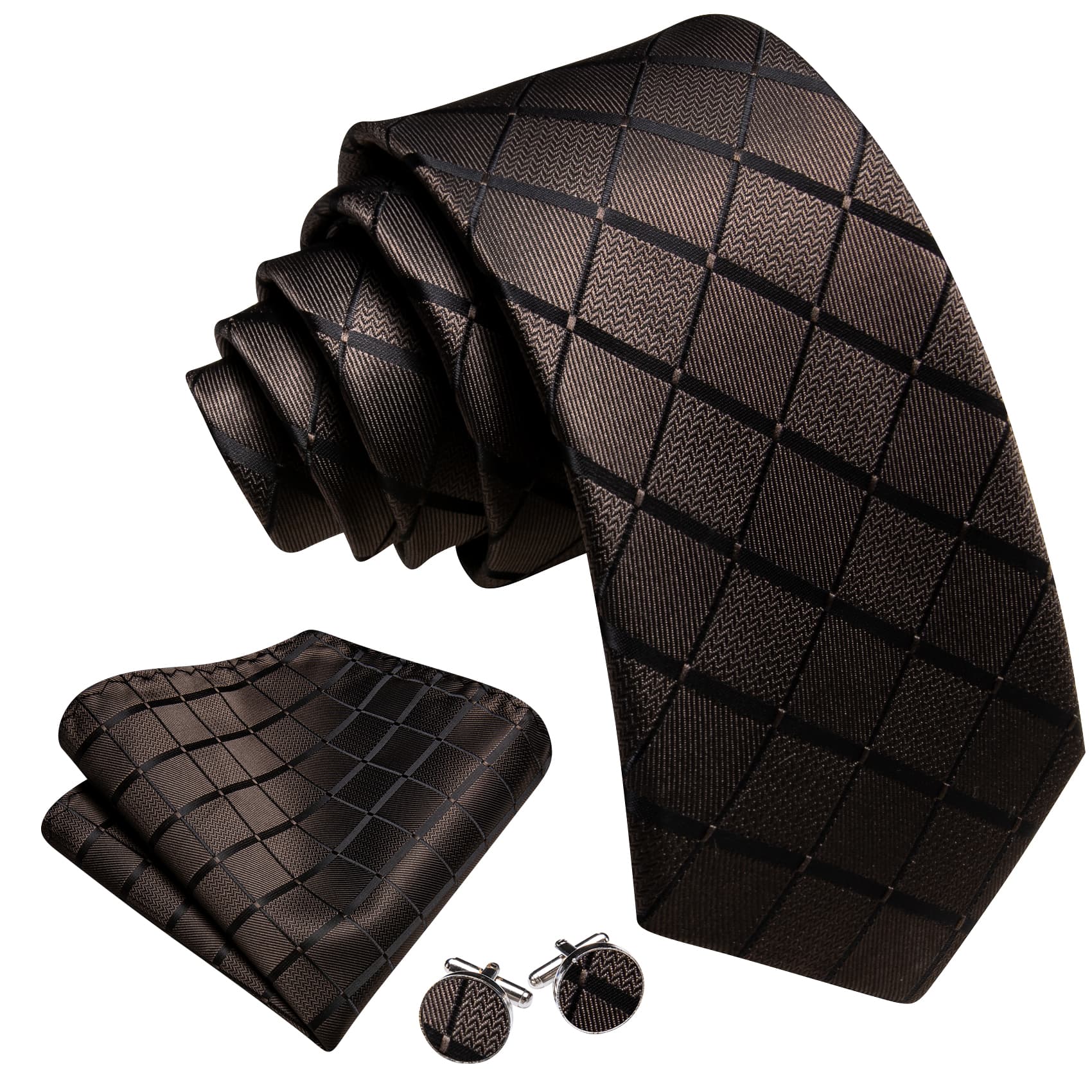  Brown Plaid Tie Black Stripes Men's Business Set Formal