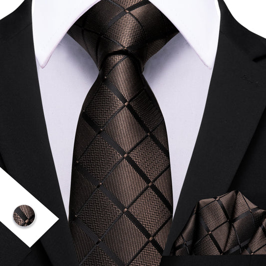  Brown Plaid Tie Black Stripes Men's Business Set Formal