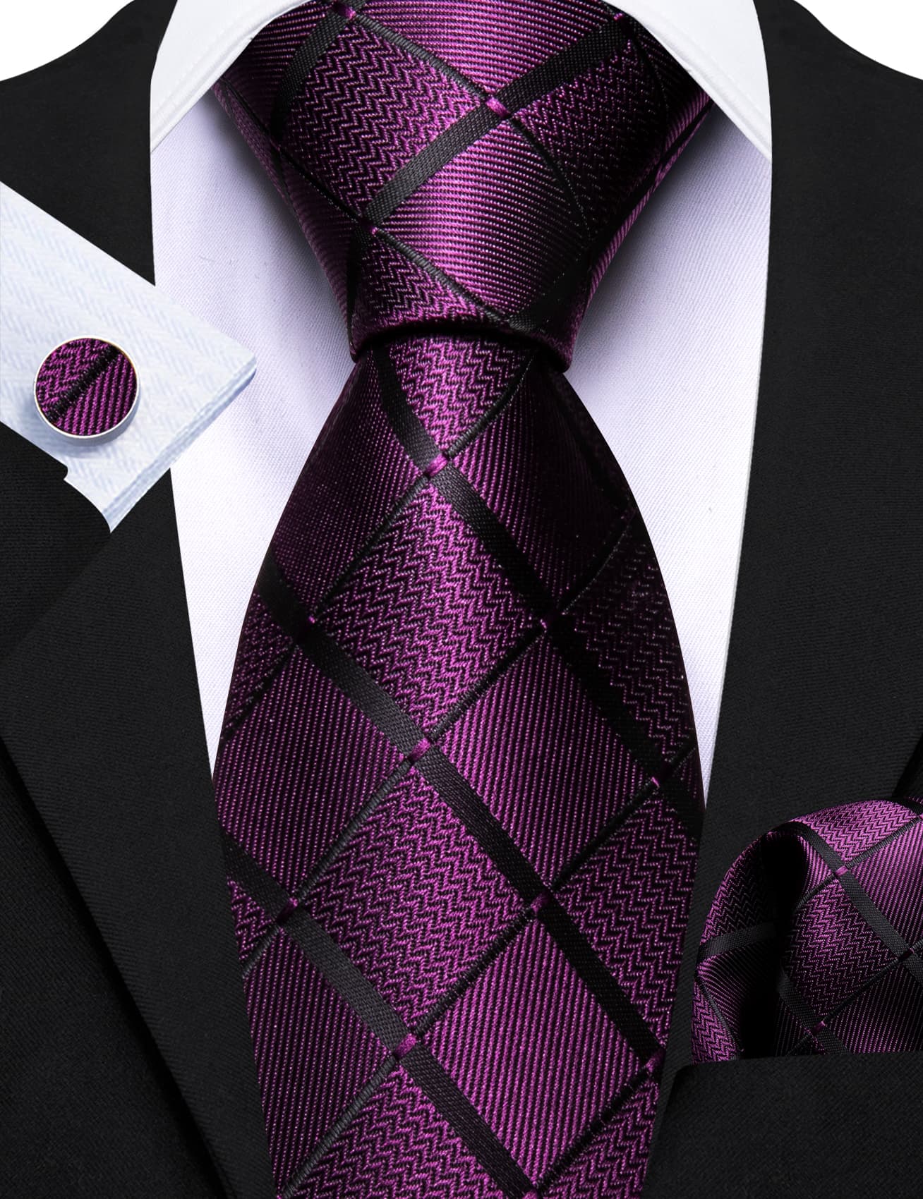 Barry. Wang Dark Purple Tie Black Checkered Men's Wedding Necktie Set Barry. Wang Dark Purple Tie Black Checkered Men's Wedding Necktie Set