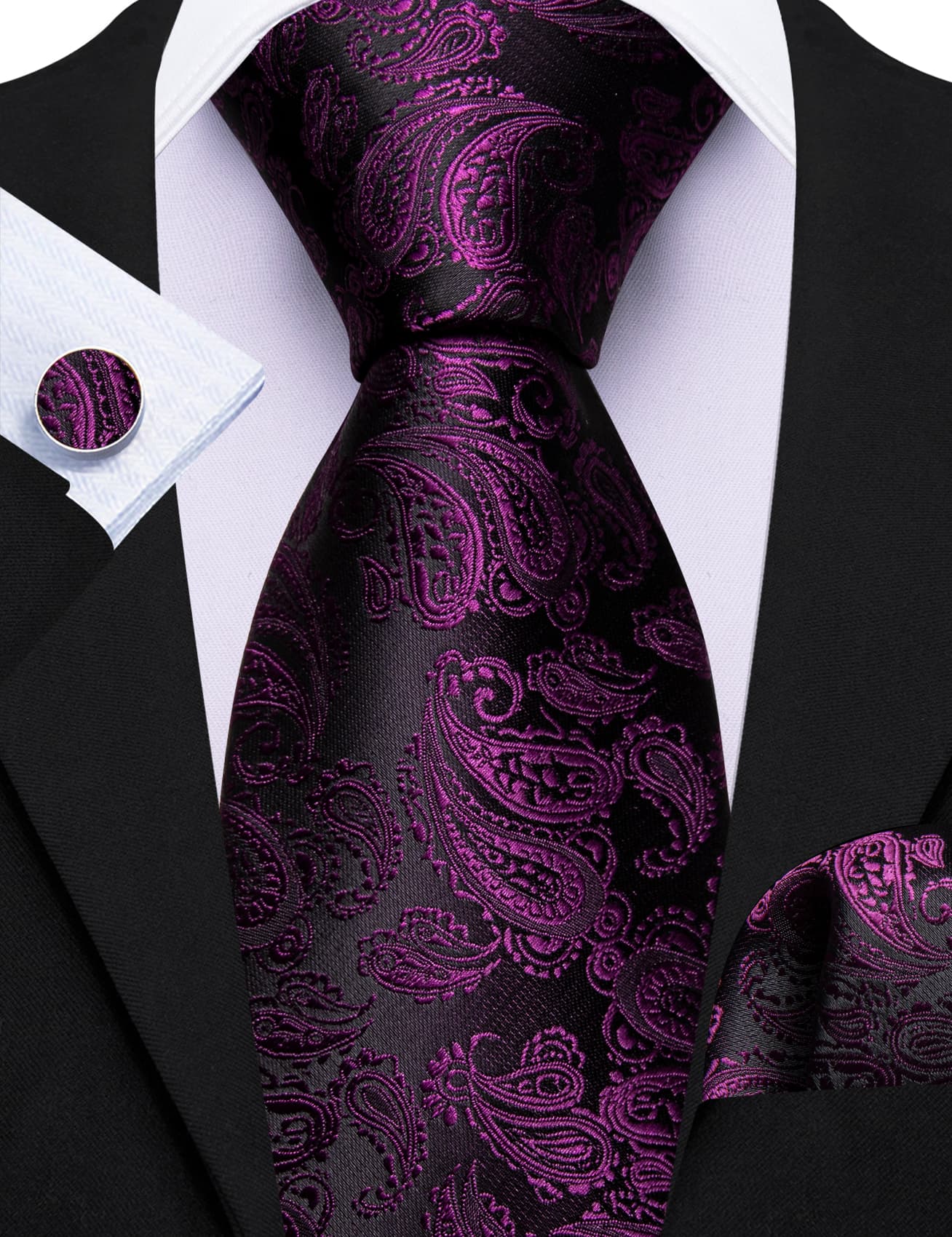 black suit black purple tie 