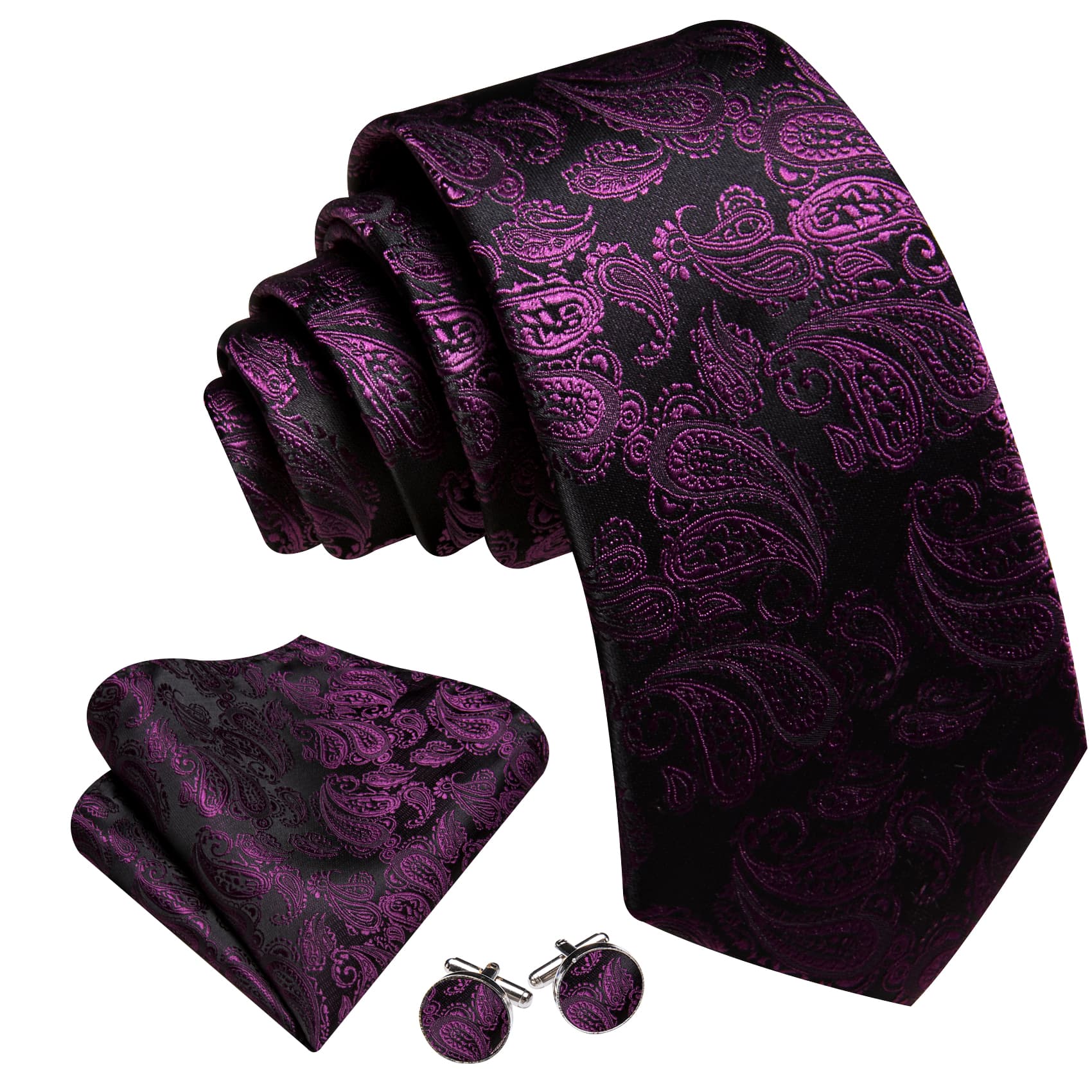 Dark purple tie  pocket aquare and cufflinks 