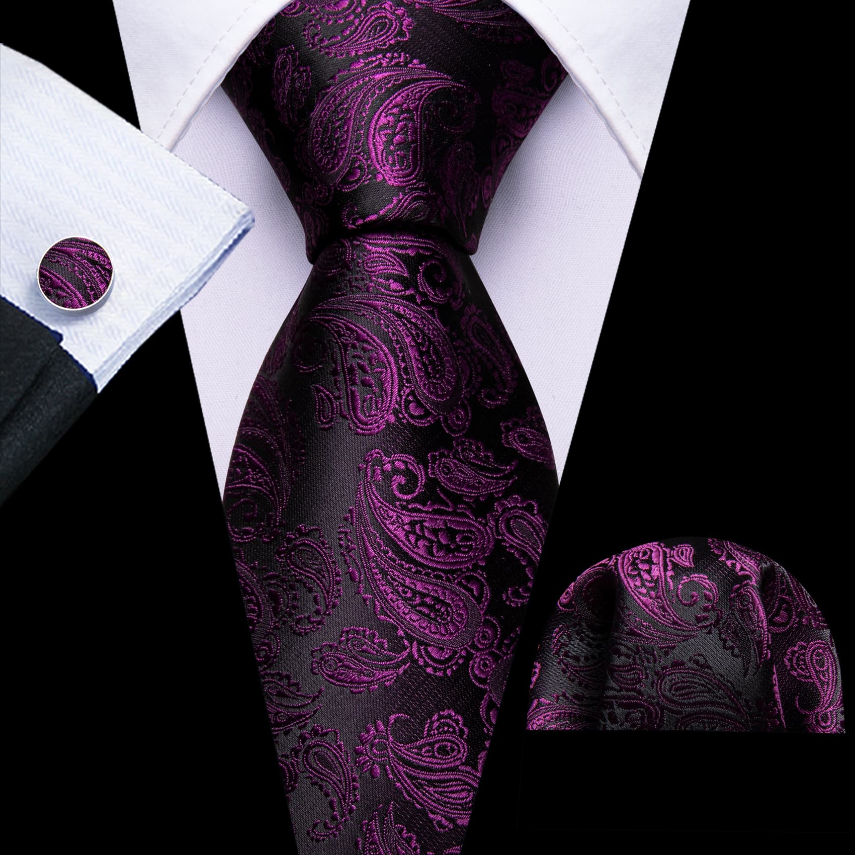 Black suit white shirt Purple Paisley Jacquard necktie 