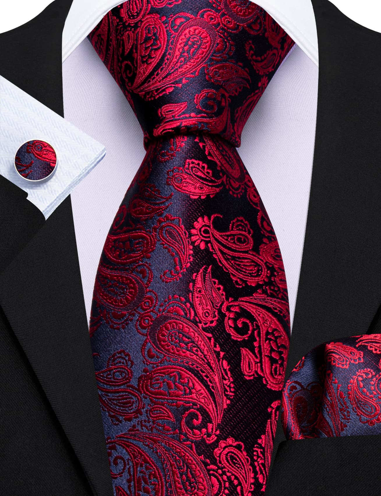 blcak suit whit shirt blue red jacquard paisley necktie for men 