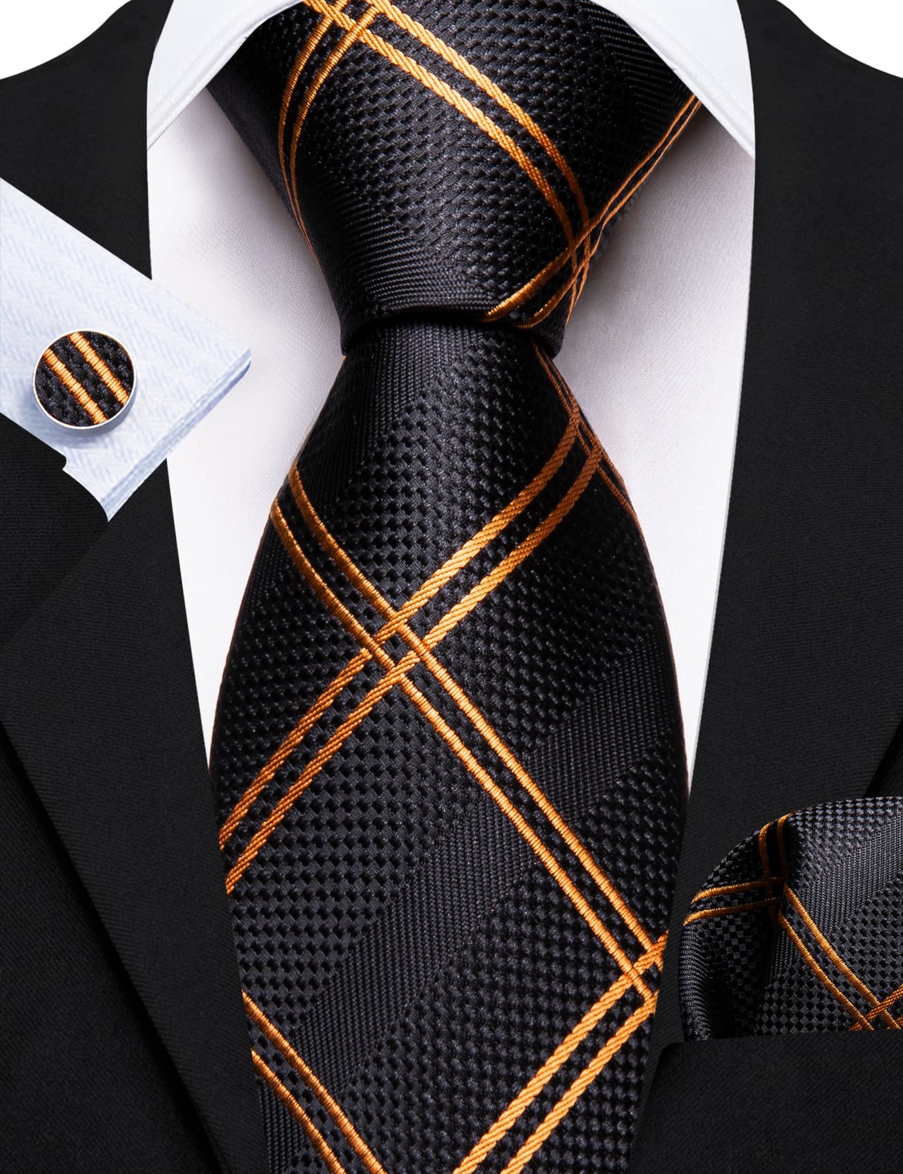 Barry. Wang Black Tie Formal Gold Lines Plaid Men's Wedding Necktie Set Barry. Wang Black Tie Formal Gold Lines Plaid Men's Wedding Necktie Set