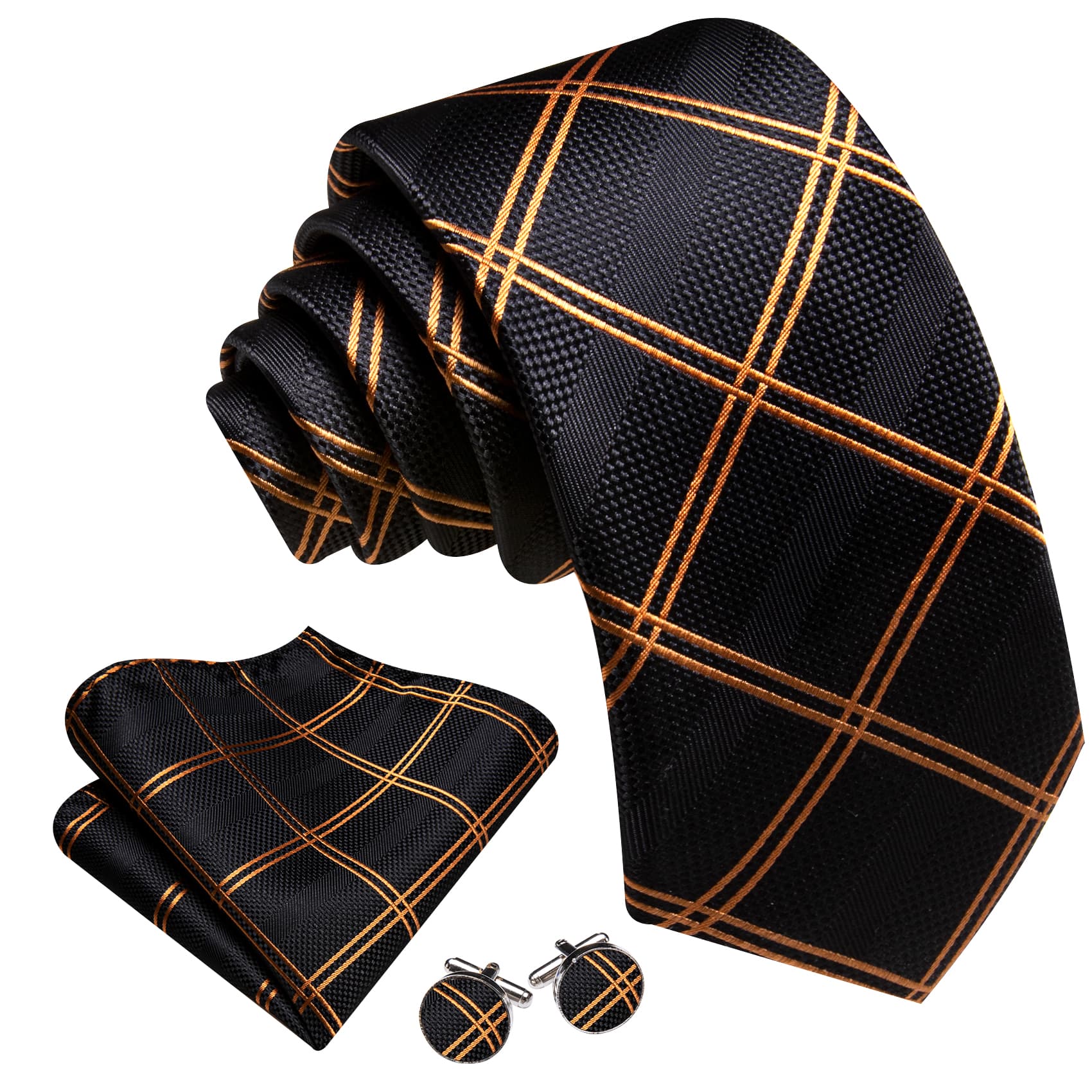 black gold checkered necktie for men and same pattern pocker square and cufflinks 