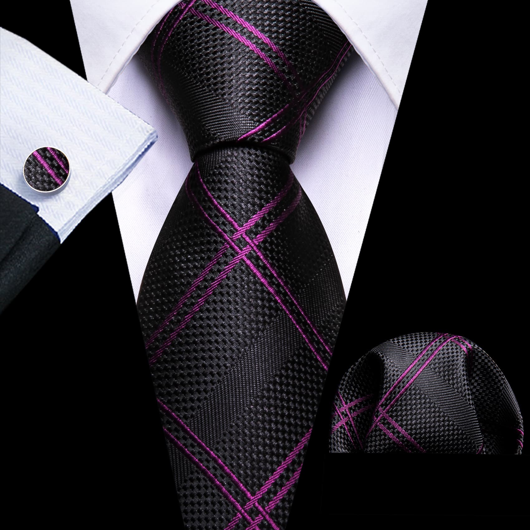 bLack tie and purple stripes purple tie blue shirt 