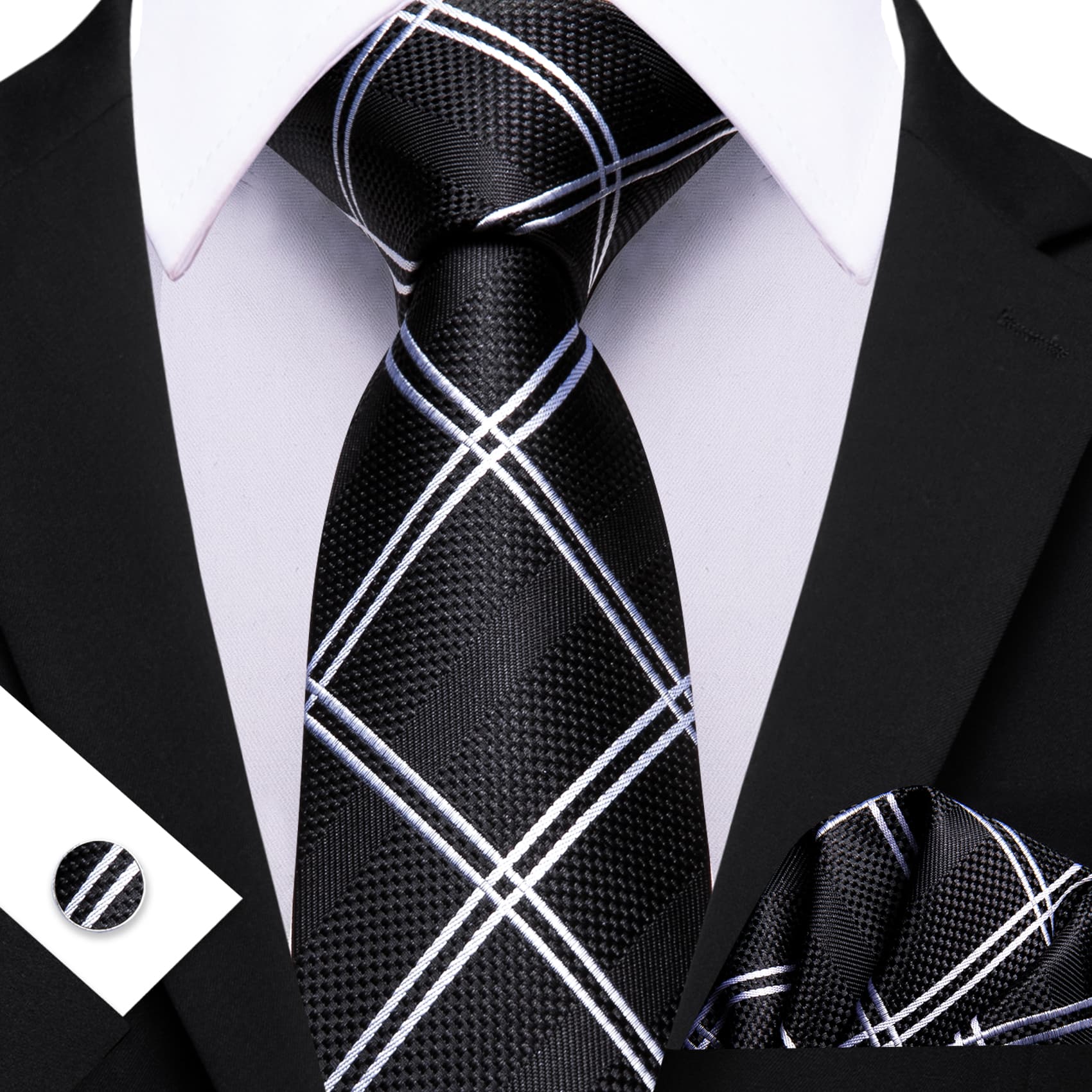  Black Tie White Lines Checkered Men's Wedding Set