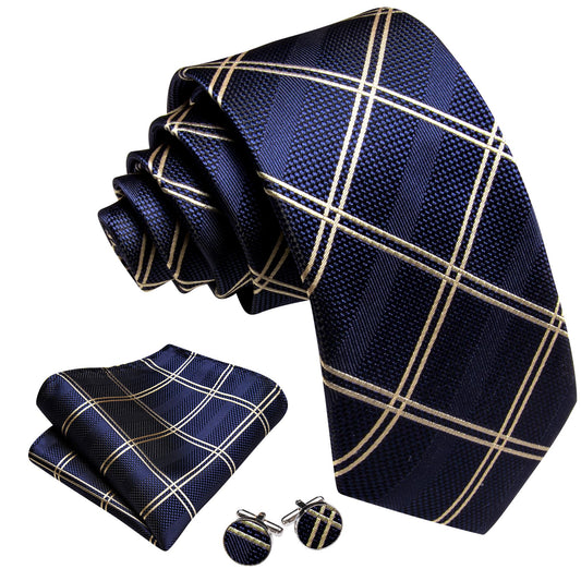 Midnight Blue Tie Beige Lines Checkered Men's Wedding Set