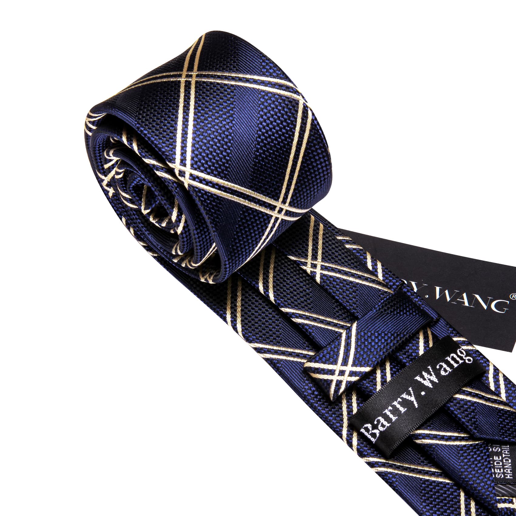 Midnight Blue Tie Beige Lines Checkered Men's Wedding Set