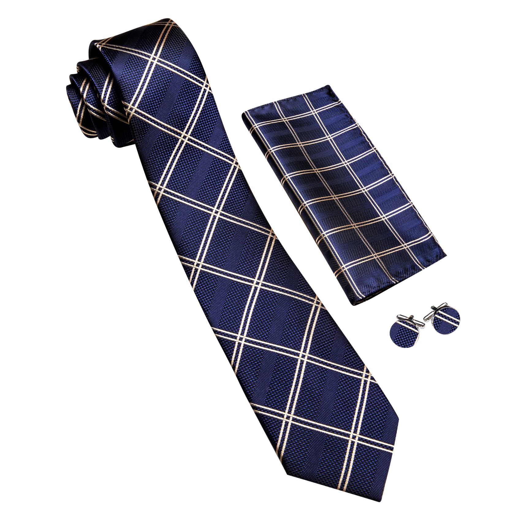 Midnight Blue Tie Beige Lines Checkered Men's Wedding Set