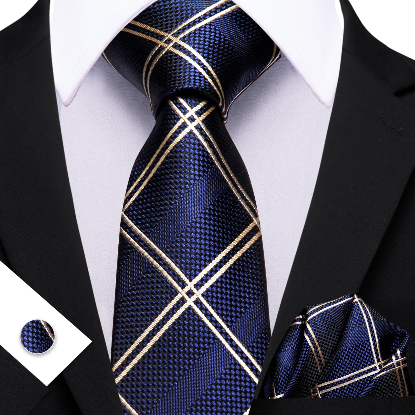Midnight Blue Tie Beige Lines Checkered Men's Wedding Set